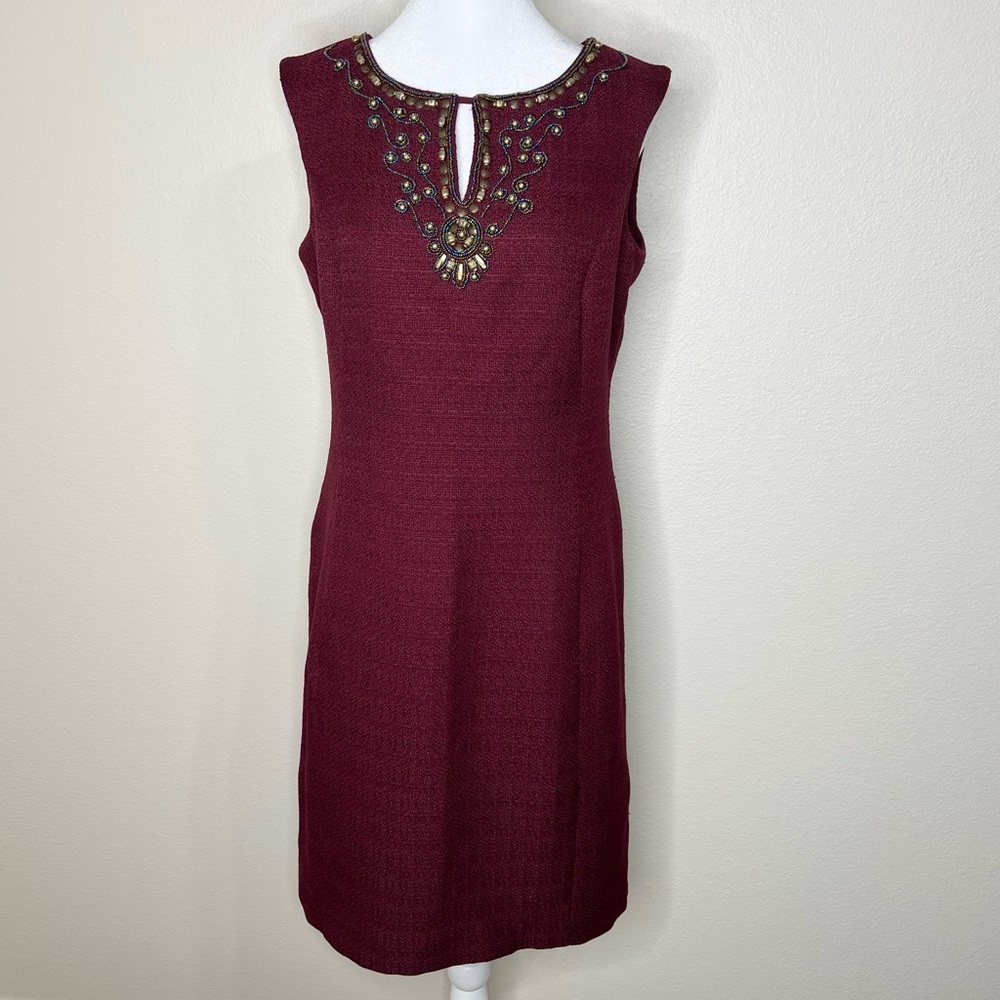 Ellen Tracy Burgundy Red Tweed Beaded Sleeveless Knee Length Sheath Dress Sz 6